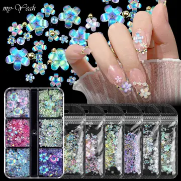 3D Flower Nail Charms - 6 Grids 3D Nail Flowers Gems White Pink Cheery  Blossom Nail Art Charms Spring Nail Art Supplies 3D Flowers with Pearls  Beads