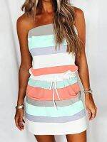 【CW】∏  Tube Colorful Striped Strapless Bandeau Dresses  Waist Drawstring with Pockets