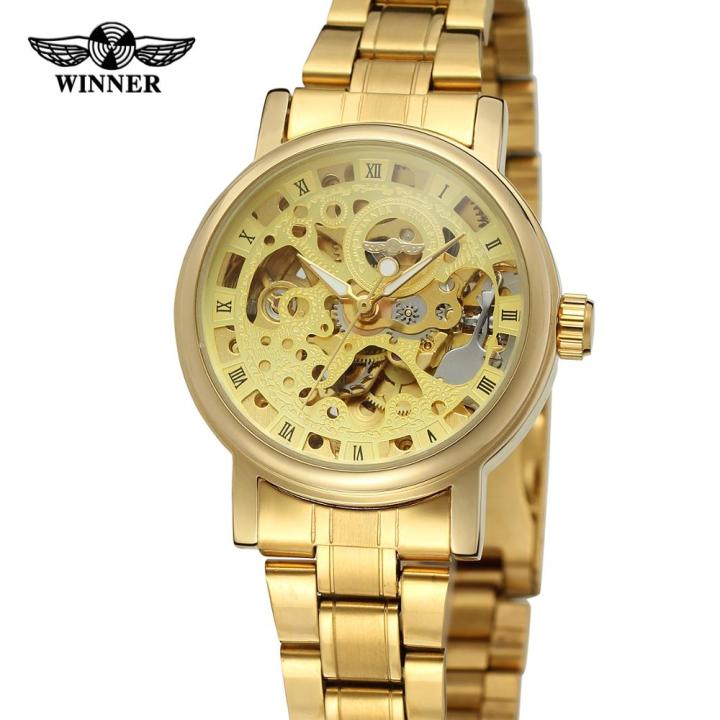 นาฬิกาสำหรับทั้งหญิงและชายแฟชั่นวินเนอร์สแตนเลสสายเหล็กทองหน้าปัดนาฬิกากลไกอัตโนมัติ