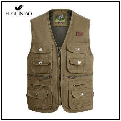 Fuguiniao 2021ชายเสื้อกั๊กผ้าฝ้าย100% Multi-Pocket เสื้อกั๊กเสื้อโค้ตลำลองสำหรับกีฬากลางแจ้ง XL-4XL