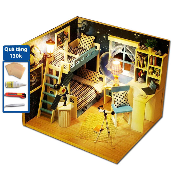 Mô hình nhà gỗ diy có đèn - căn gác mái có mica diydollhouse - ảnh sản phẩm 1