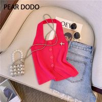 PEAR DODO เสื้อกั๊กคาร์ดิแกนสั้นสำหรับผู้หญิงเสื้อเสื้อคล้องคอสไตล์เกาหลี