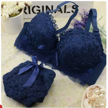 READY STOCK] Dark Blue Lace Sexy Bra Set with Panties Baju Dalam M039