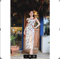 GANNIE​SHOP​ Dress​ เดรสลายดอกกุหลาบ เดรสยาว เดรสผูกโบว์ที่แขน​ เดรสผ่าด้านหน้า​ มีซับใน​ฟองน้ำ เดรสออกงาน ชุดราตรี เดรสใ่ส่ไปงานแต่ง เดรส