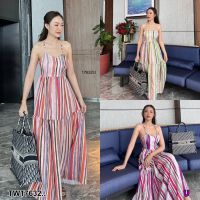 J17632 แม็กซี่เดรสสายเดี่ยวสานหลังลายทาง Striped one-shoulder strapless maxi dress