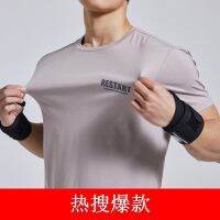 [New product] OMG tide brand silky high elastic round neck t-shirt fitness suit summer short-sleeved sports fit version three-point