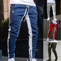 [A Motion045]Men Jogger PantsBodybuilding Gym Long Sweatpants Contrast Colors Elastic Waist Drawstring BreathableTrousers