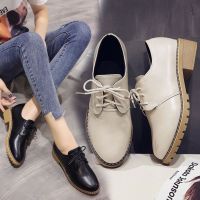 Retro British Lace-Up Loafers Women S Round Toe Leather Shoes Thick Heels Large Size Loafers