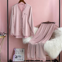 Lisacmvpnel Spring New Pajamas Womens Ice Silk Long Sleeve Solid Lace Suit Pyjamas