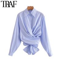 TRAF Women Fashion With Bow Tied Striped Crop Blouses Vintage Long Sleeve Button-up Female Shirts Blusas Chic Tops