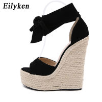 EilyKen Women Summer Butterfly Knot Solid Black Open Toe Sandals Fashion Platform High Heel Wedge Shoes Ankle Bowtie Dress Shoes