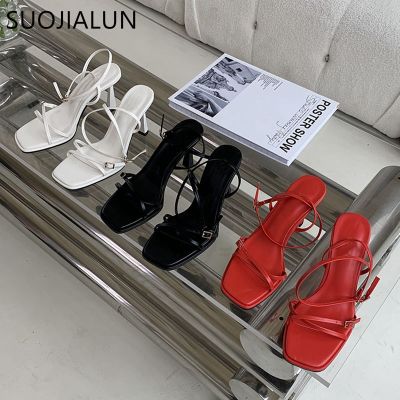 SUOJIALUN 2023 Summer New Women Sandal Shoes Fashion Red Narrow Band Ladies Elegant Gladiator Shoes Thin High Heel Dress Pumps S