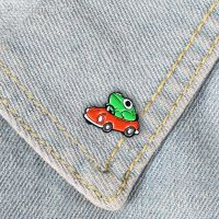 Cartoon Animal Green Frog Driving Red Car Brooch Cute Enamel Funny For Children Backpack T-shirt Pins Badge Personality Jewelry