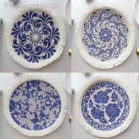 HOT blue and white porcelain round braid Printed table place mat pad Cloth tassels placemat cup coaster doily kitchen accessory