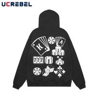 Playing Cards Print Casual Sweatshirts Mens Autumn Loose Long Sleeve Pocket Hooded Sweatshirts Men