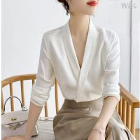 COD DSFERTRETRE XS-3XL Fashion Women White Blouse Korean Style Long Sleeve V-Neck Suit Collar Office Wear Ladies Professional Plus Size Shirt Tops