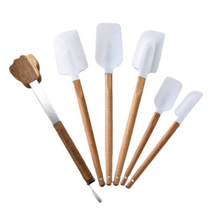 silicone-spatula-set-non-stick-scrapers-silicone-spatula-wooden-handle-with-food-tongs-for-mixing-cooking-baking