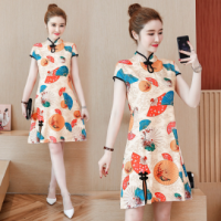 ■Hanfu cheongsam Tang suit tang qipao Dress 2021 ฤดูร้อน plus size เสื้อผ้าผู้หญิงสไตล์หนุ่มสาวความยาวปานกลางส่วนปกลดหน้าท้องทุกวันชุด cheongsam ศิลปะย้อนยุค