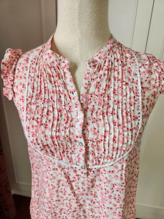 เสื้อ-blouse-แขนกุด-ลายดอก-สีชมพู-คอจีน-มือสอง-มือ-2-ตรุษจีน