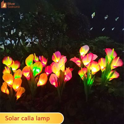 ซากุระสีฟ้าใหม่ที่สร้างสรรค์สนามหญ้าพลังงานแสงอาทิตย์หลอดไฟ Led จำลองโคมไฟทิวทัศน์กลางแจ้งโคมไฟรูปดอกไม้บัว Calla กันน้ำได้โคมไฟทิวทัศน์สวนสนามหญ้าพลังงานแสงอาทิตย์ดอกลิลลี่ไฟภายนอกอาคารโคมไฟรูปดอกไม้