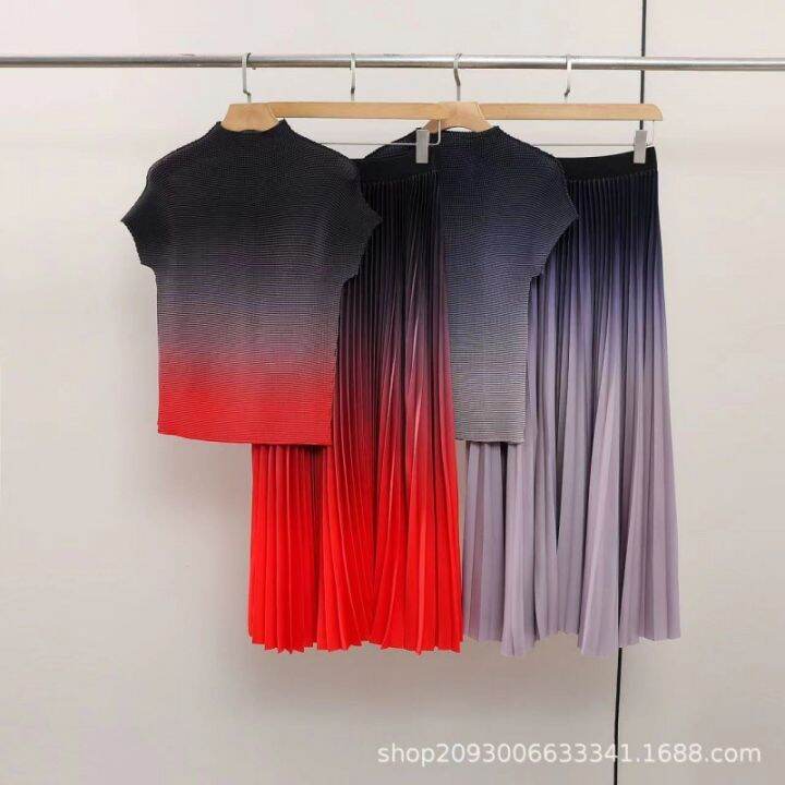 issey-miyake-2023ฤดูร้อนสไตล์ใหม่-miyake-จีบแฟชั่นสลิมเสื้อเชิ้ตกระโปรงจีบพิมพ์ลายชุดสองชิ้น