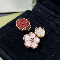 3ลวดลายสวนฤดูใบไม้ผลิลิลลี่ของหุบเขา/ดอกเหมย/เต่าทองโชคแหวนหัวใหญ่18K ทองคำสีกุหลาบชุบบนเงินสเตอร์ลิง925ชุดแม่ของมุก/คาร์เนเลียนแดง/สีดำนิล