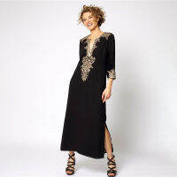 ➦ 2023 Elegant บิกินี่เร Cover Up Black Golden Maxi ปักลายชุดกระโปรงแขนยาวสำหรับ Beach แยกชุดเดรสว่ายน้ำชุดว่ายน้ำ