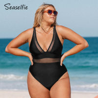 SEASELFIE Plus Size Mesh Panel V-neck Swimsuit For Women Black Large Size Monokini Bathing Suit 2022 Beach Swimwear