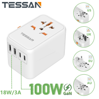 TESSAN 100W GaN QC Wall Charger Fast Charger Universal Travel Adapter Dual Type C +18W USB A for Ipad phones MacBook ,Type C Adaptor Universal Adapter, Worldwide Travel Adapter, All-in-one Outlet Adapter Converter SG USA to Europe UK EU AUS (Type C/G/A/I)