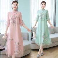 Women Cheongsam Improved Dress Retro Elegant Embroidery Long Dresses Floral Party Dress Chinese Female High Quality Clothing