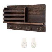 Wall Mounted Mail Holder Wooden Mail Sorter Organizer with 4 Double Key Hooks and a Floating Shelf Rustic Home Decor