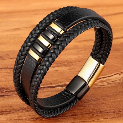 XQNI 3 Layers Black Punk Style Design Leather Bracelet for Men Stainless Steel Magnetic Button Birthday Gift Male Bracelets