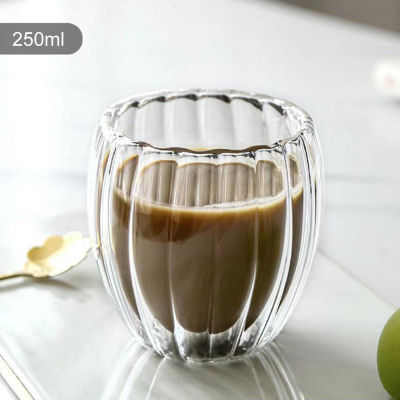【สต๊อก】แก้วสองชั้นลายทางแก้วบอโรซิลิเกตทรงสูงไข่ห่านที่ใช้ในครัวเรือนถ้วยน้ำแก้วถ้วยชาถ้วยกาแฟนม