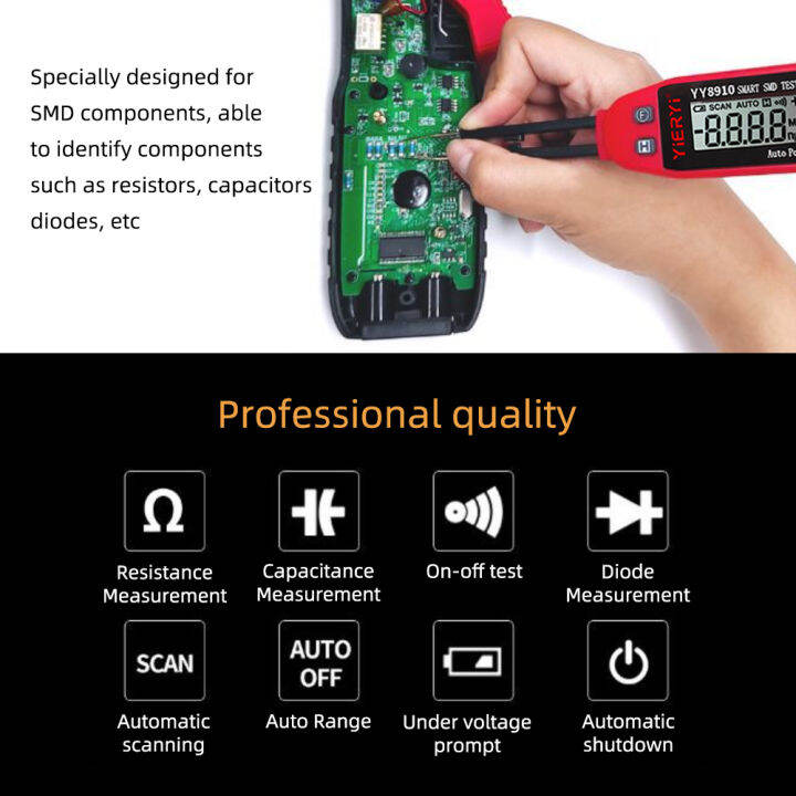 มัลติมิเตอร์ไฟฟ้าเครื่องทดสอบ-smd-แบบสมาร์ท-rcyago-ไดโอดต่อเนื่องความต้านทานความจุทดสอบส่วนประกอบอุปกรณ์ที่ยึดอยู่บนผิว-pcb-เครื่องทดสอบมิเตอร์