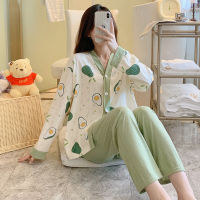 ผู้หญิงชุดนอนชุดผ้าฝ้าย100 ชุดนอนอะโวคาโดพิมพ์ Pijama หญิง Homewear ชุดนอนแขนยาวปกเสื้อกางเกงสูทชุดนอน