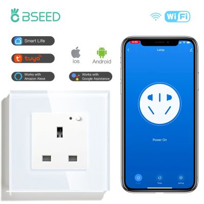 BSEED Single UK Smart Socket Wifi Wall Socket Power Outlet Support Tuya Smart Life Google Alexa App Glass Panel 13A
