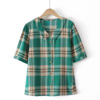 ✎ 【มีไซส์ใหญ่】Plus Size V-neck Plaid Summer Tops Women Short Sleeve A-line Blouse Ladies Officewear Vintage Blusas