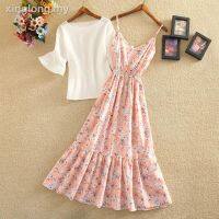 COD IOED95 ๑№﹉Strap dress two-piece female summer Korean suit small fresh floral chiffon short-sleeved long student skirt