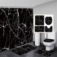 QSR STORE Black White Marble Shower Curtain Set Abstract Art Textured Pattern Modern Bathroom Decor Non-slip Rug Bath Mat Toilet Lid Cover