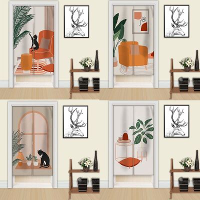 Fashion 2023 Green cat shaped charming door curtains in the northern plant style of the kitchen, half leaf curtains in the bedroom, entrance curtains in the bathroom, room decoration