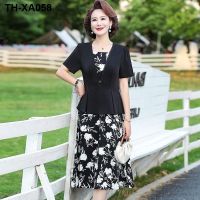 Suit summer thin foreign style dress new middle-aged and elderly womens fake two-piece noble over-the-knee skirt dress