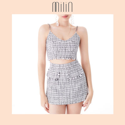 [MILIN] High waist tweed shorts  กางเกงขาสั้น เอวสูง ผ้าทวีด แต่งฝากระเป๋า Tulu Shorts สีขาว/ สีดำ Tweed White/ Tweed Black