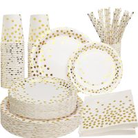 White Gold Party Supplies Disposable White Paper Plates Dinnerware Gold Dots Plates Cups Wedding Birthday Party Baby Shower