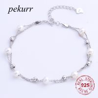 Pekurr Double Chain 925 Sterling Silver 4.5mm Round Natural Freshwater Pearl Wrist Bracelet For Women 7 Beads Jewelry Bangles