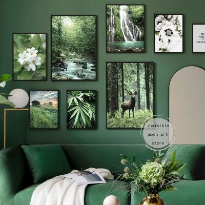 Subject □ โปสเตอร์ศิลปะภูมิทัศน์ธรรมชาติป่าสีเขียวป่า DeerWaterfallStream ดอกไม้ใบไม้ภาพวาดผ้าใบติดผนังพิมพ์ภาพตกแต่งบ้าน