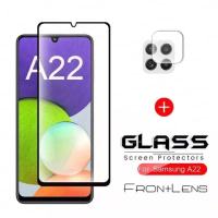 2in1 Samsung A22 4G/A22 5G ฟิล์มเลนส์กล้อง + ฟิล์มกระจกเต็มจอขอบดำ ฟิล์มกันกระแทก...