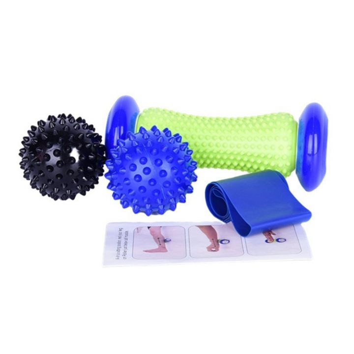4-piece-set-pvc-yoga-supplies-plantar-massager-with-thorns-workout-massage-ball-elastic-band-ankle-roller-equipment
