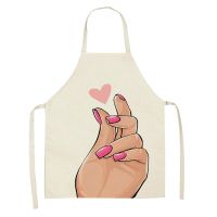 Pink Nails Printed Linen Sleeveless Aprons Kitchen Women Pinafore Cooking Baking Waist Bib Home Cleaning Tools Wholesale Price Aprons