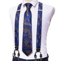 Blue Floral Adjustable Silk Suspenders Set Neck Tie For Men Party Wedding Y-Shape 6 Clip Suspenders For Men Shirt