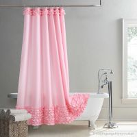 【hot】■№♕  Ruffled Pink Polyester Fabric Decoratived Farmhouse Shower Curtain